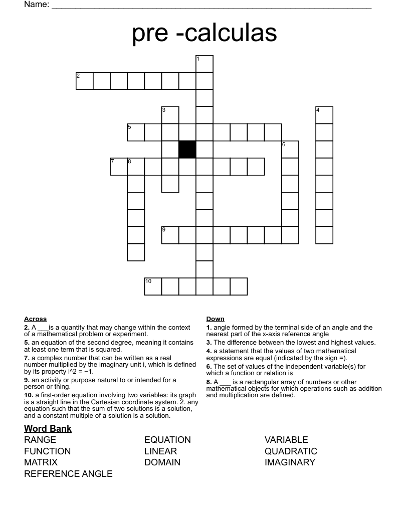 pre -calculas Crossword