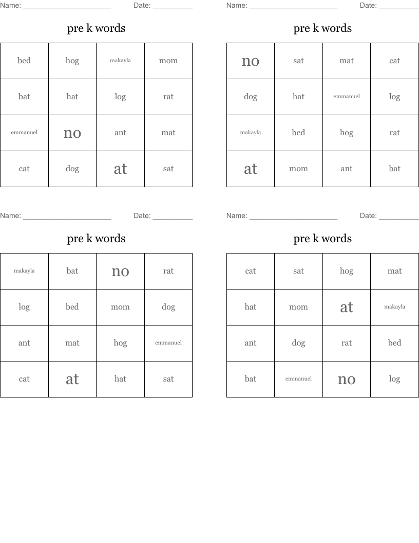 pre k words Bingo Cards