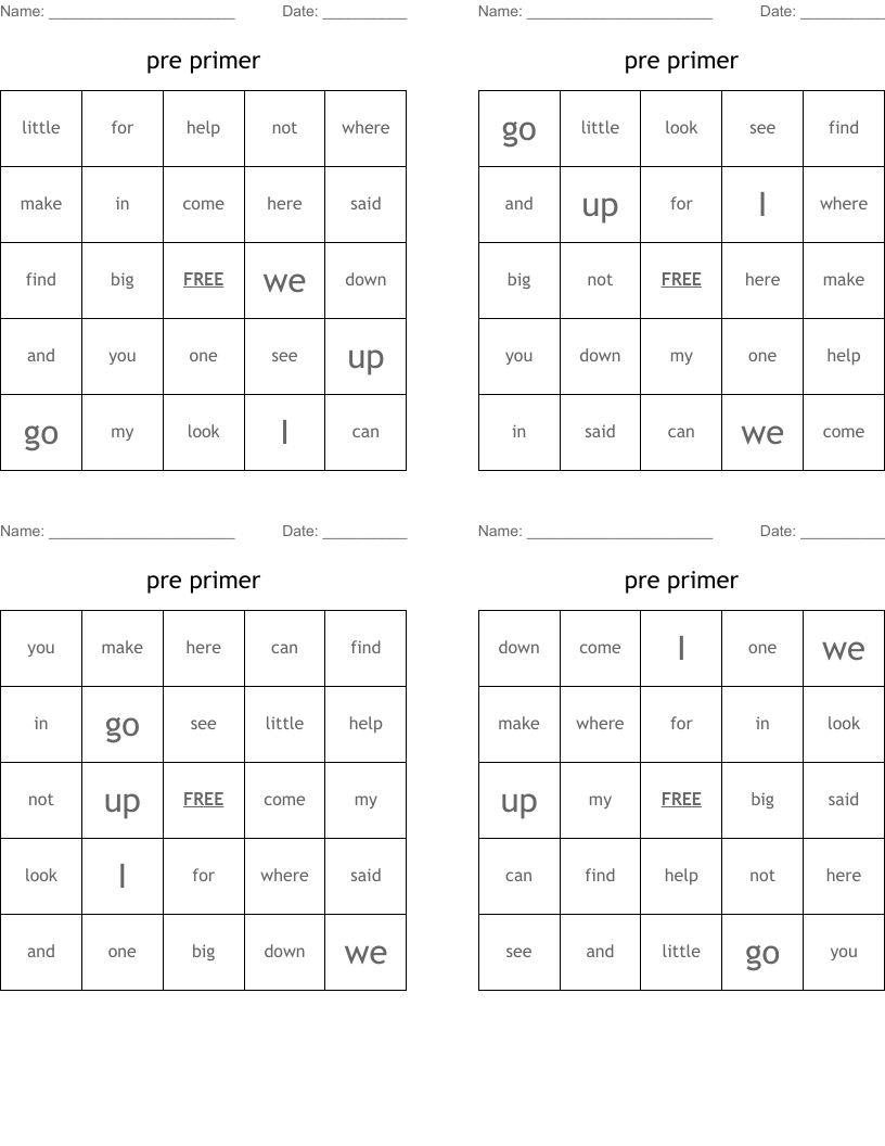pre primer  Bingo Cards