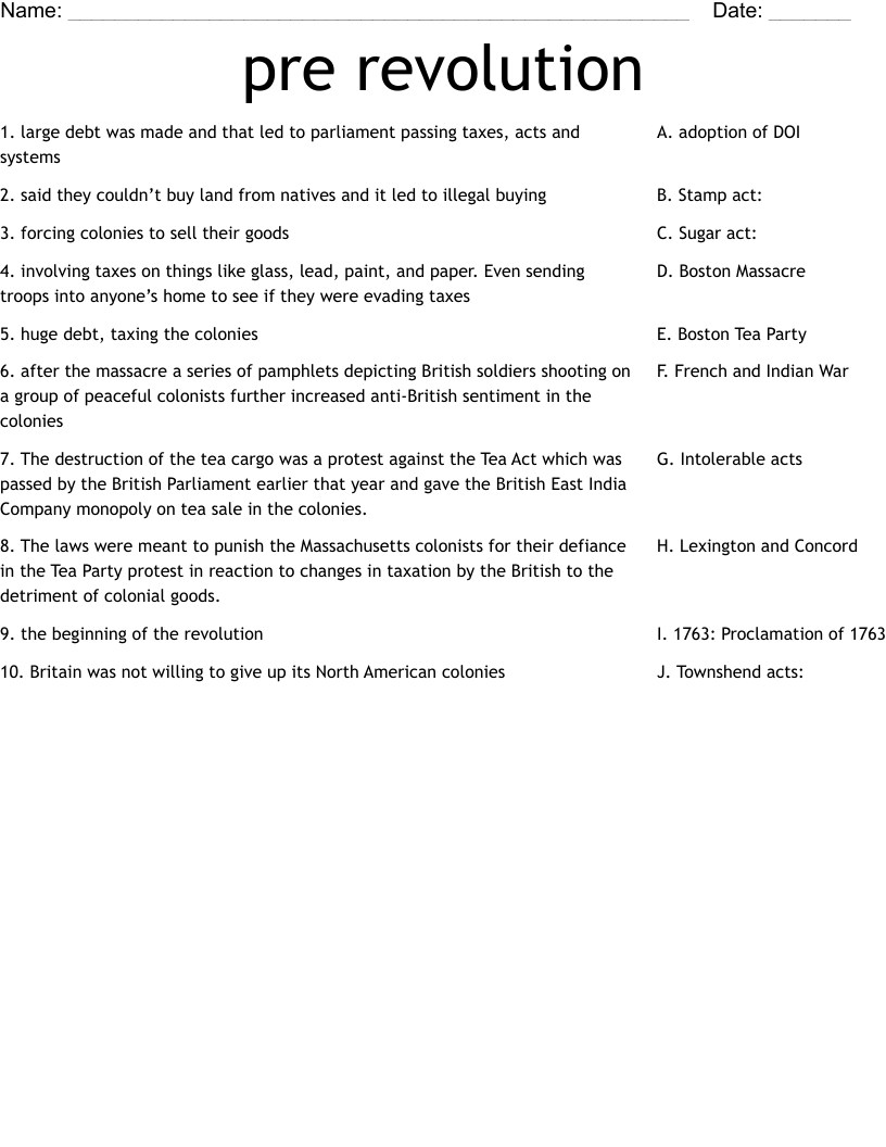 pre revolution Worksheet