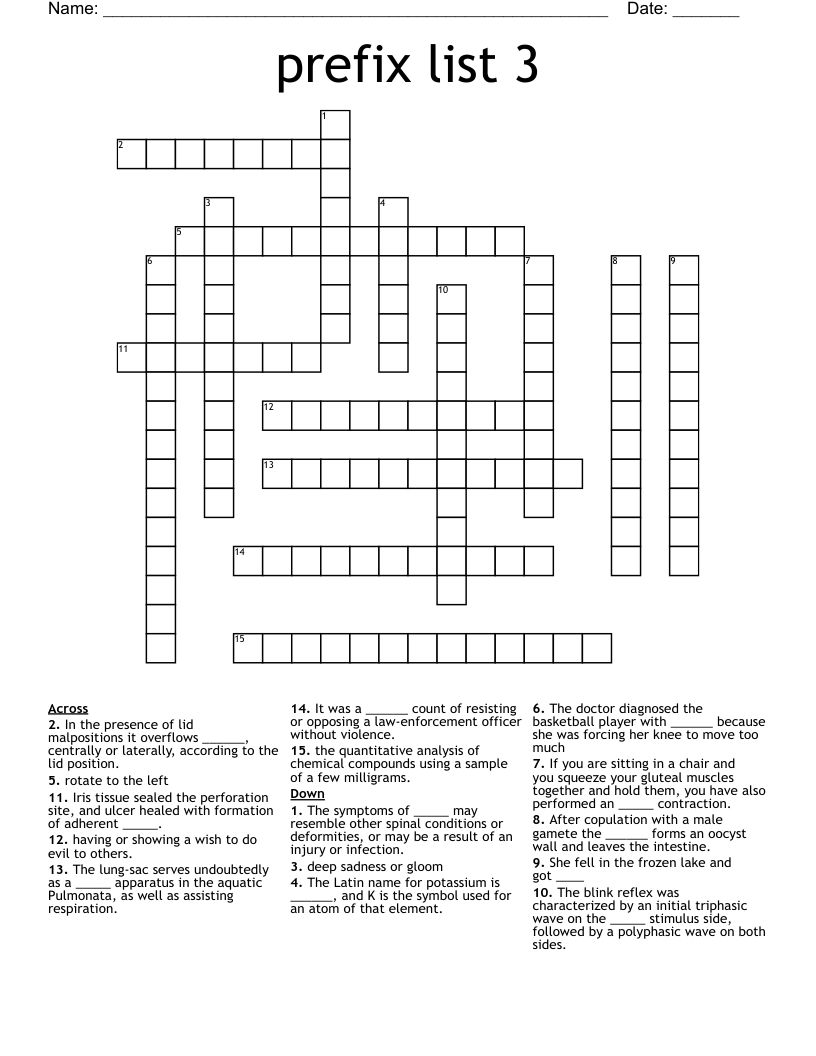 prefix list 3 Crossword