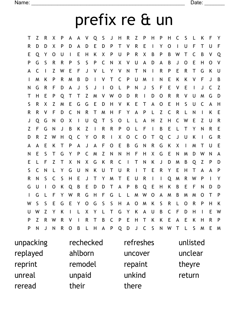 prefix re & un Word Search