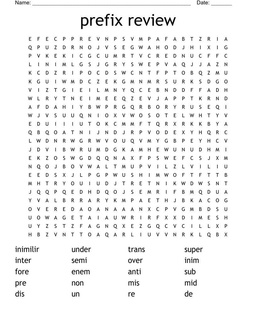 prefix review  Word Search