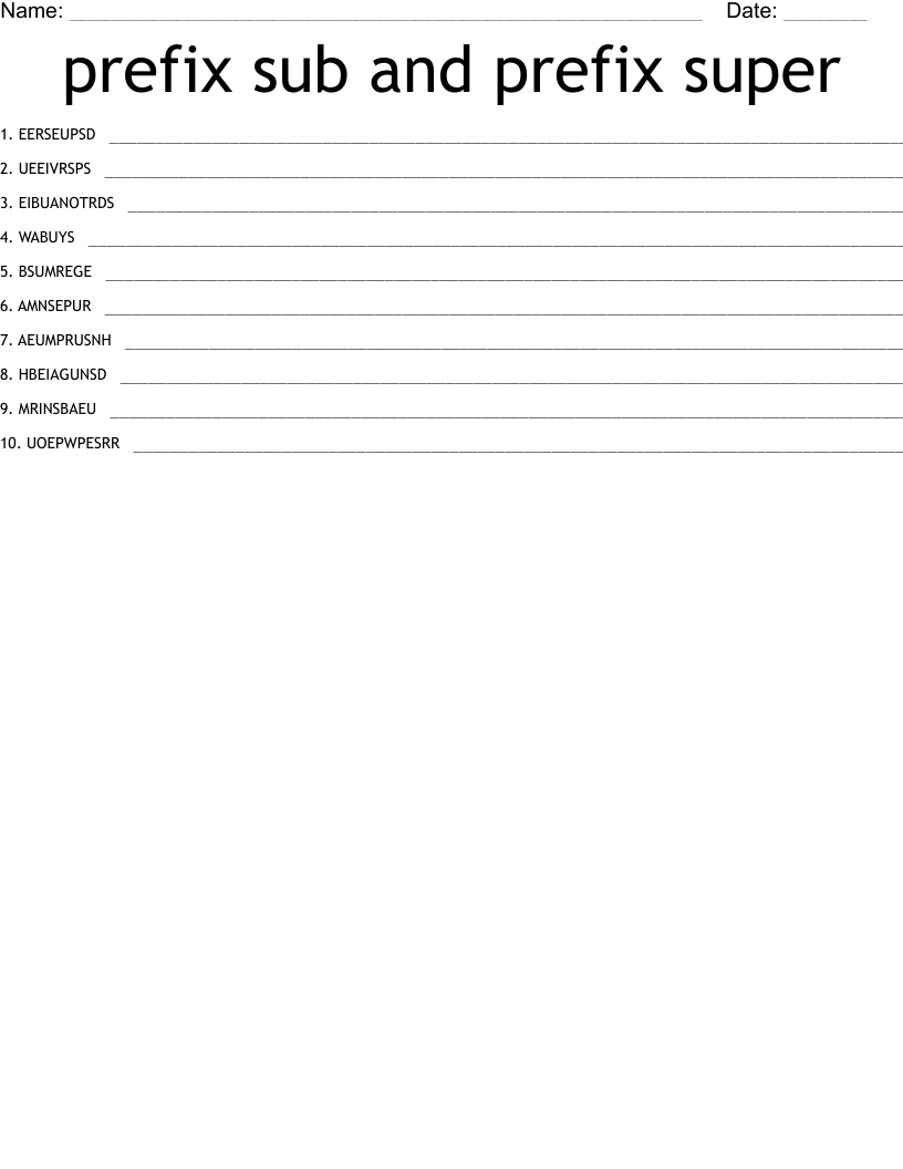 prefix sub and prefix super Word Scramble