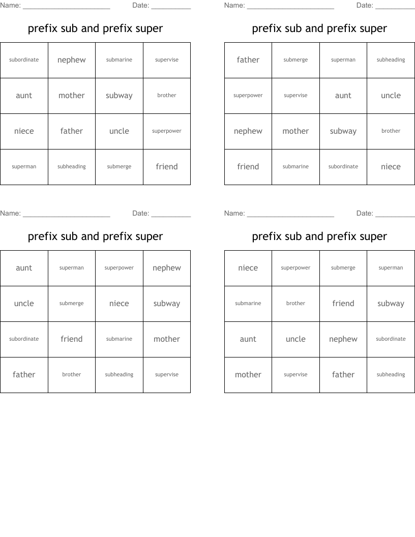 prefix sub and prefix super Bingo Cards