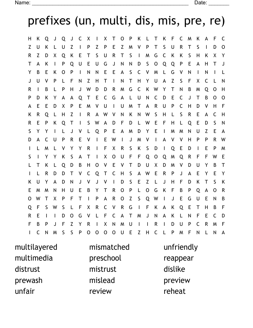 prefixes  (un, multi, dis, mis, pre, re) Word Search