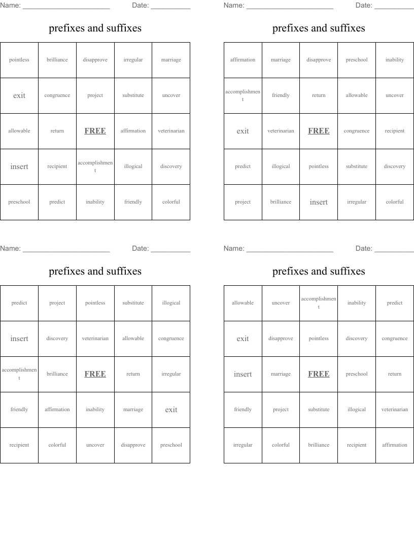 prefixes and suffixes Bingo Cards