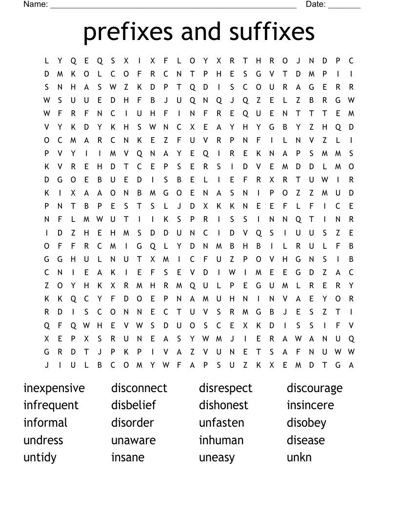 prefixes and suffixes Word Search
