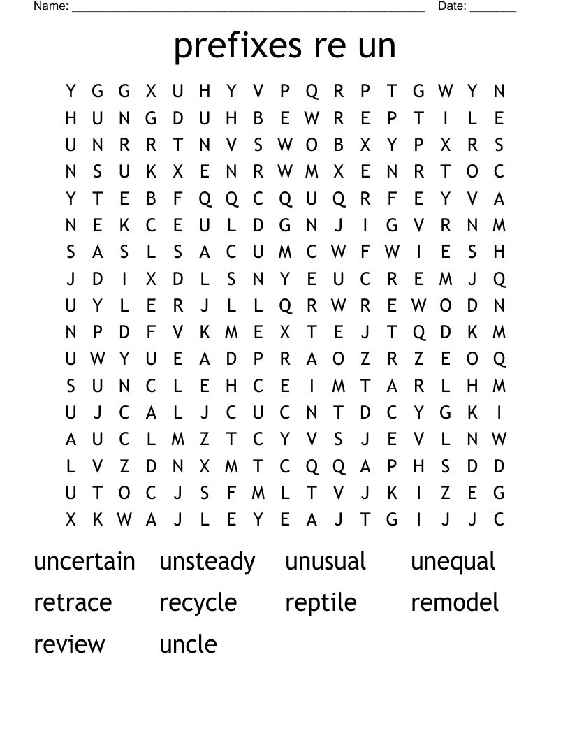 prefixes re un Word Search