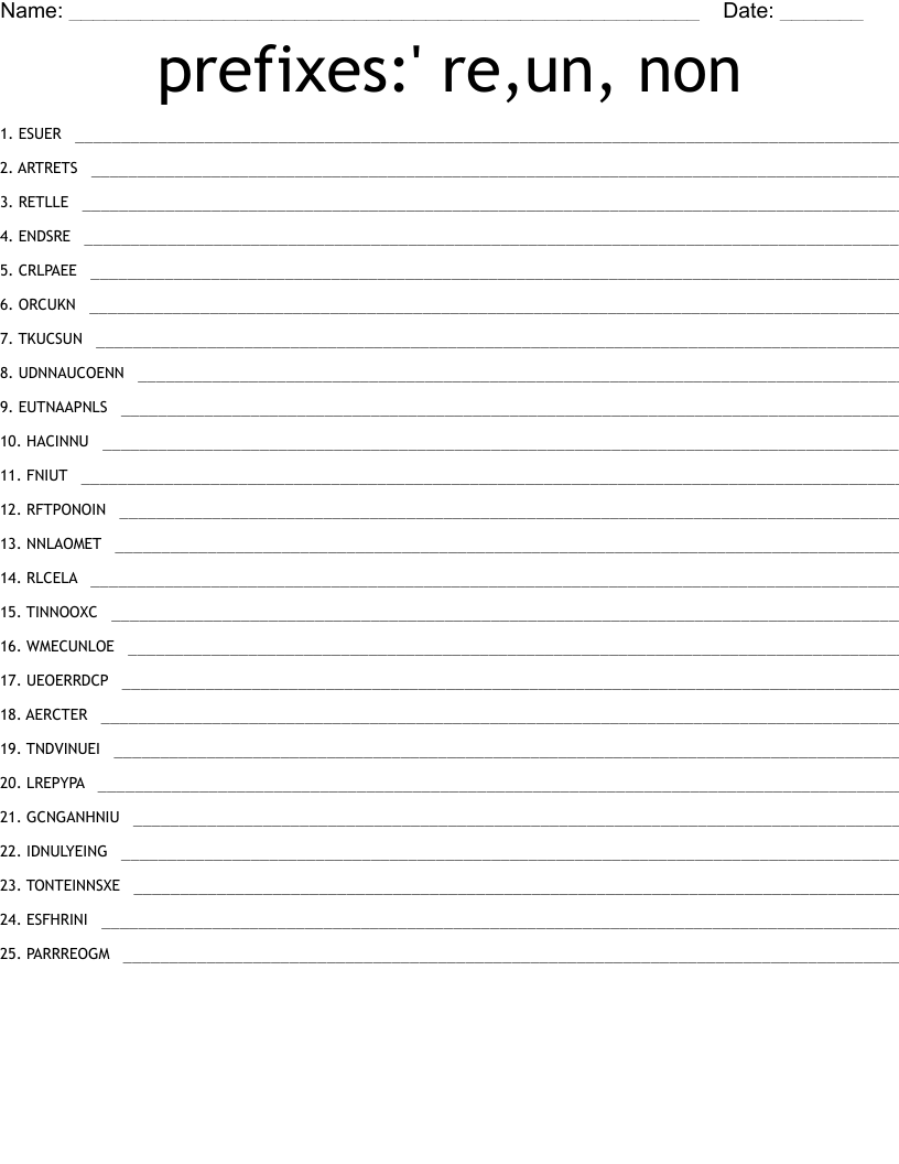 prefixes:' re,un, non Word Scramble