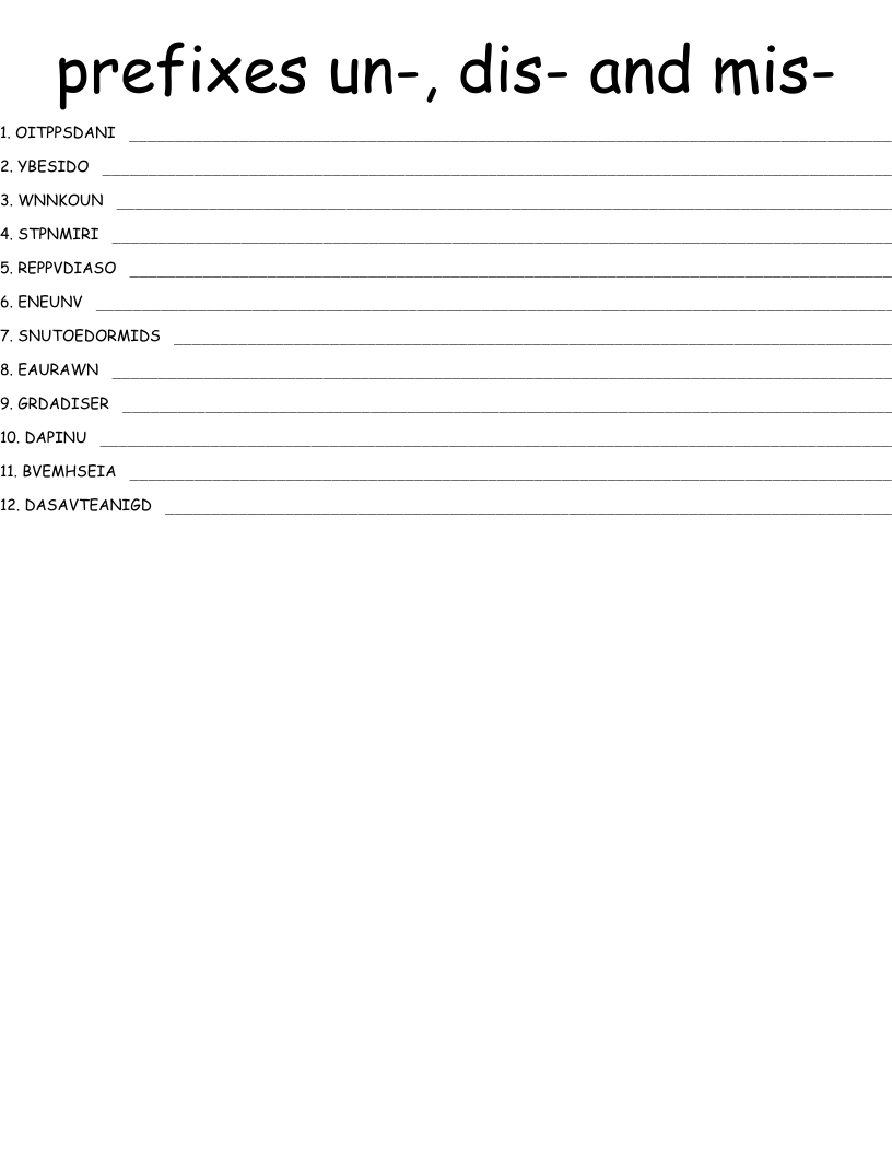 prefixes un-, dis- and mis- Word Scramble