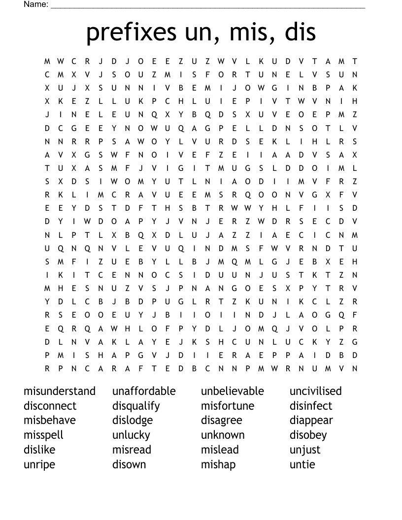 prefixes un, mis, dis Word Search