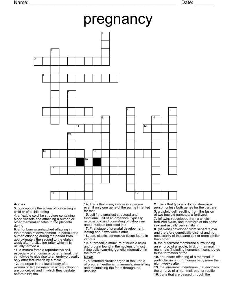 pregnancy Crossword