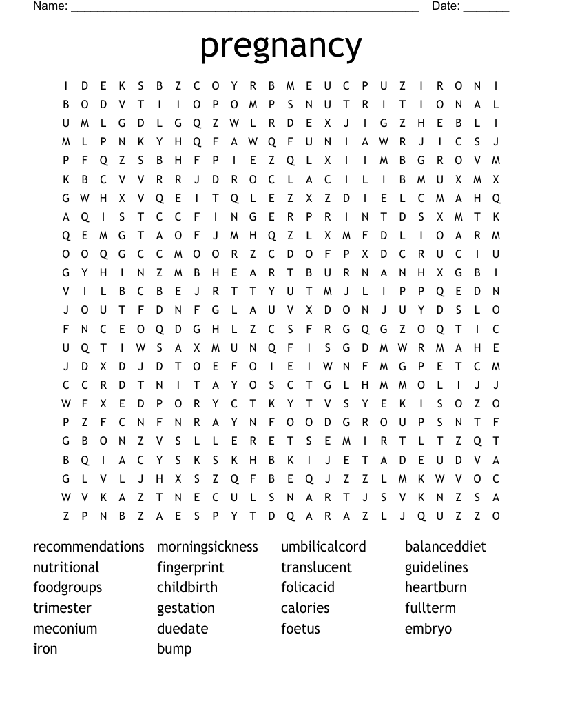 pregnancy Word Search