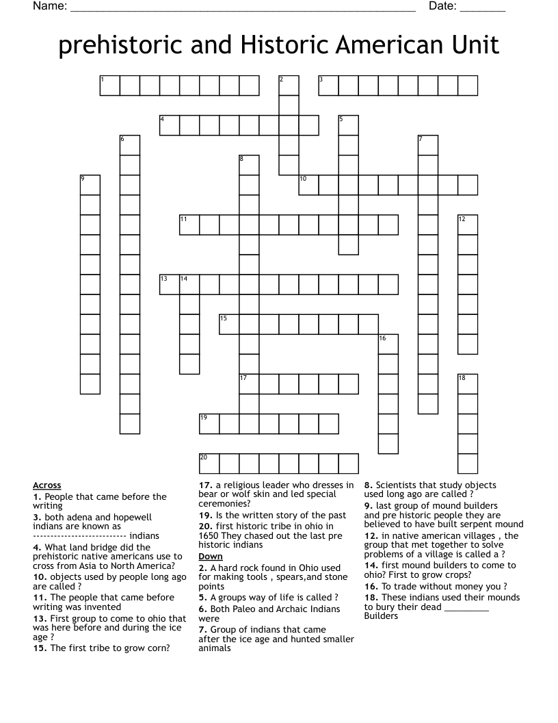 prehistoric and Historic American Unit Crossword