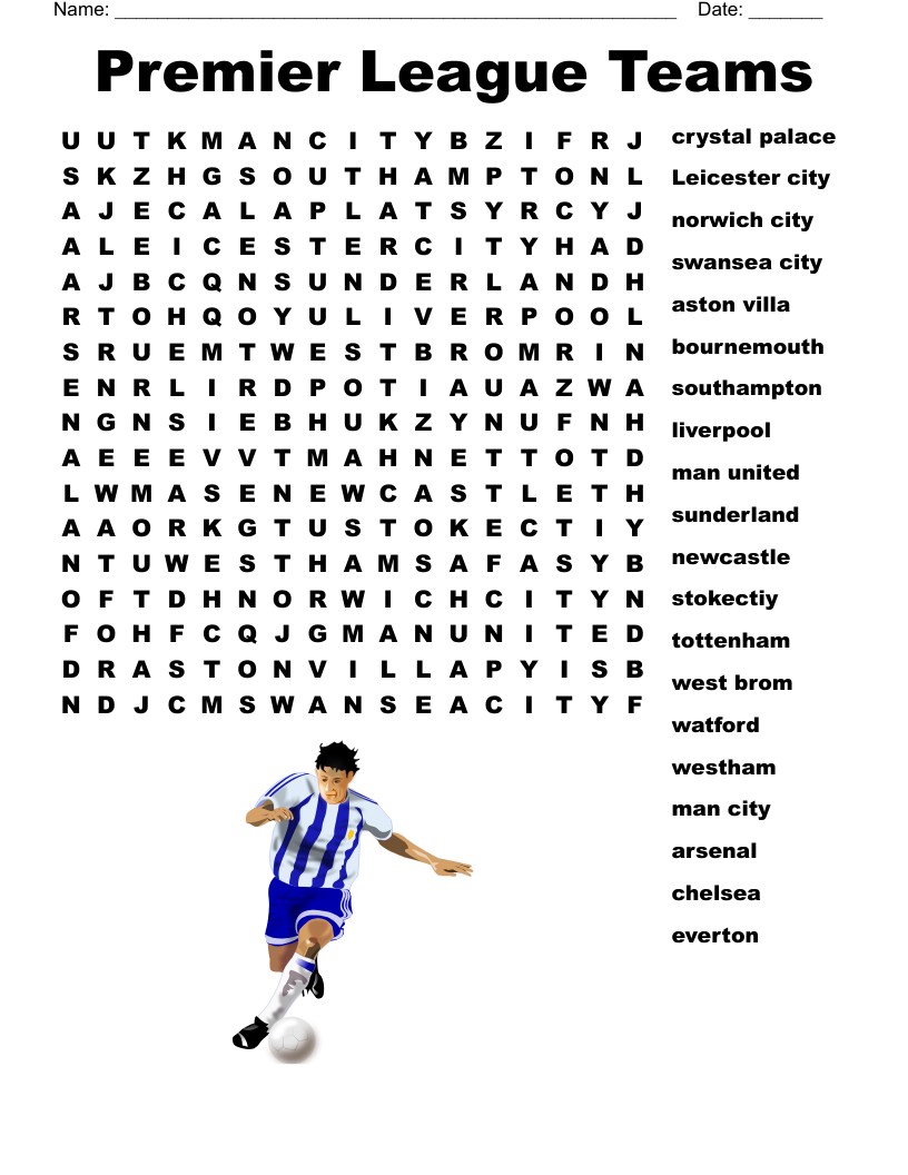 Premier League Teams Word Search