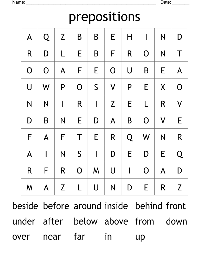 prepositions Word Search