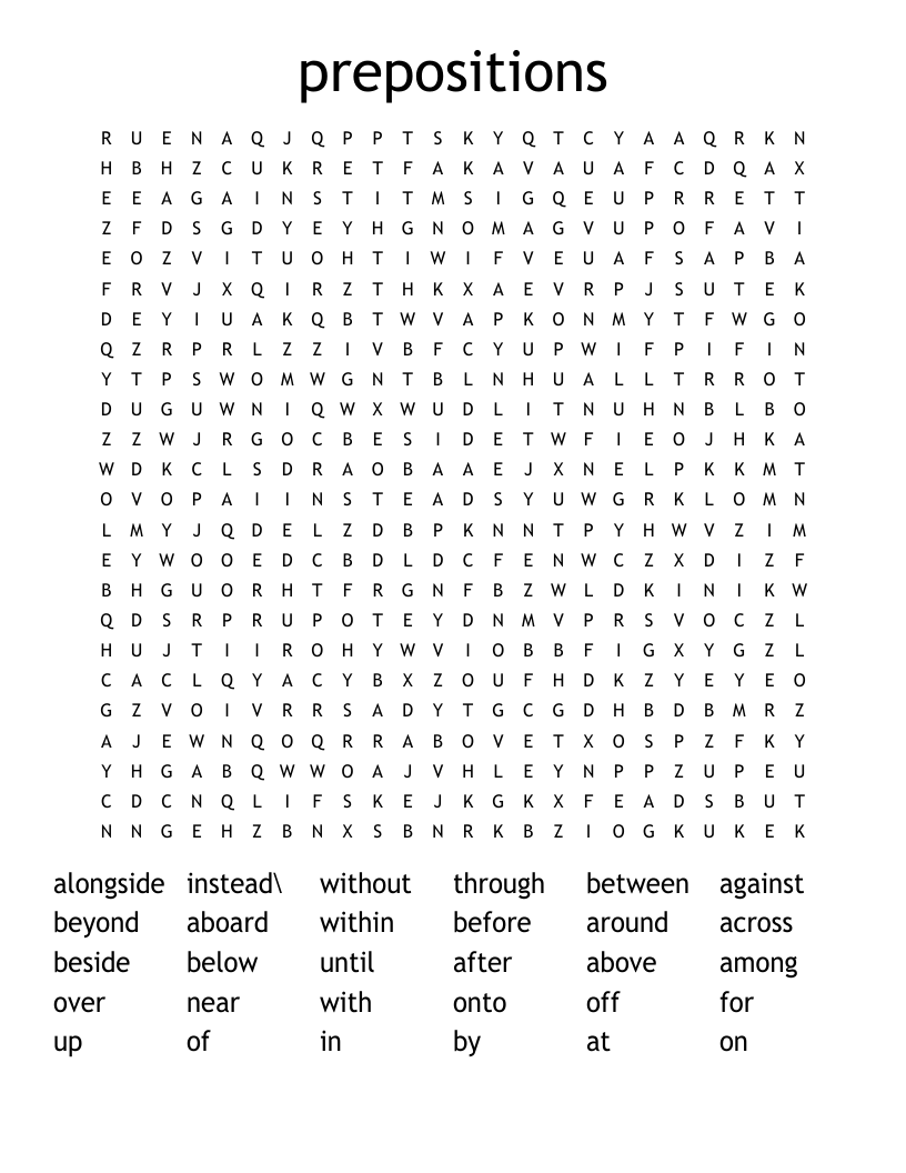 prepositions Word Search