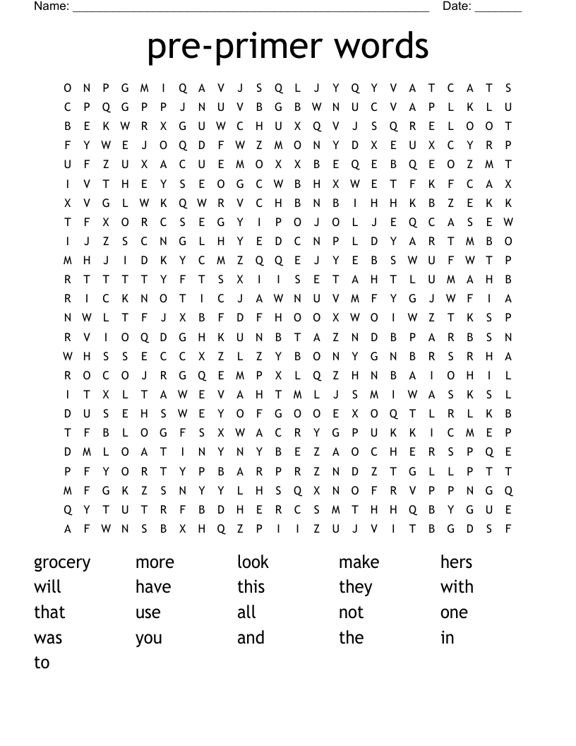 pre-primer words Word Search