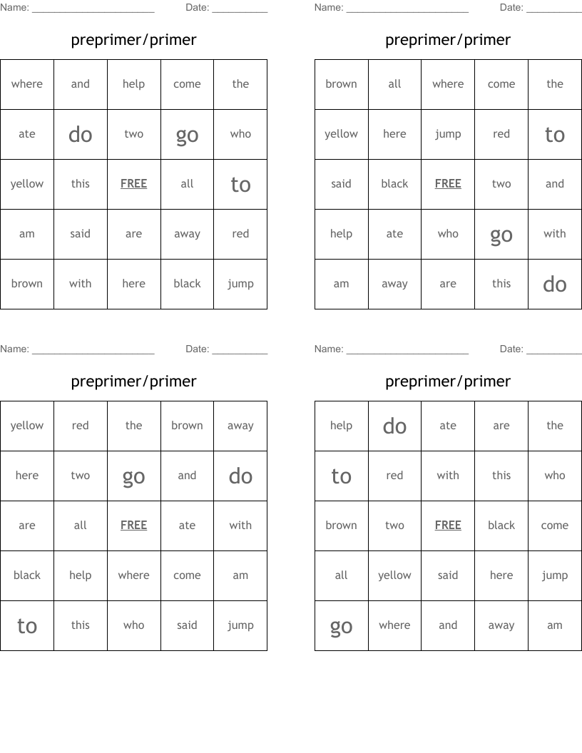 preprimer/primer Bingo Cards