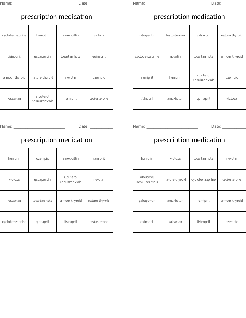 prescription medication  Bingo Cards