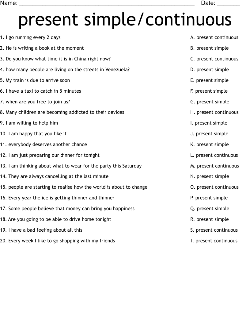 present simple/continuous Worksheet