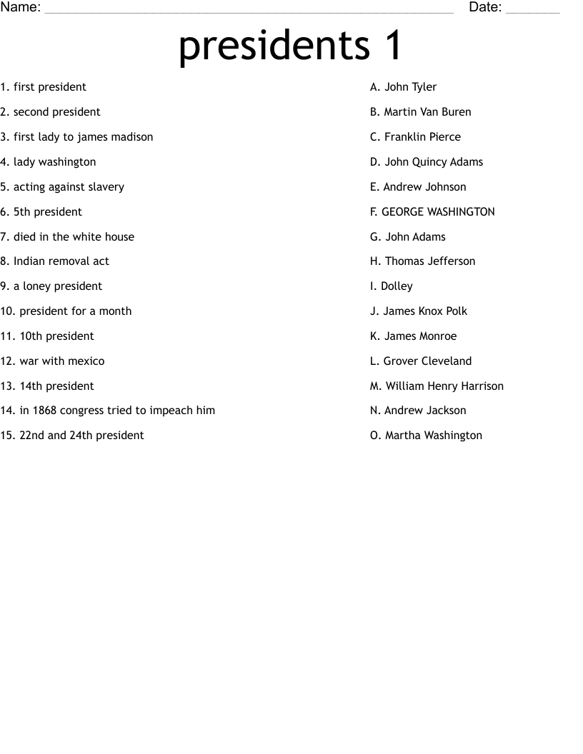 presidents 1 Worksheet
