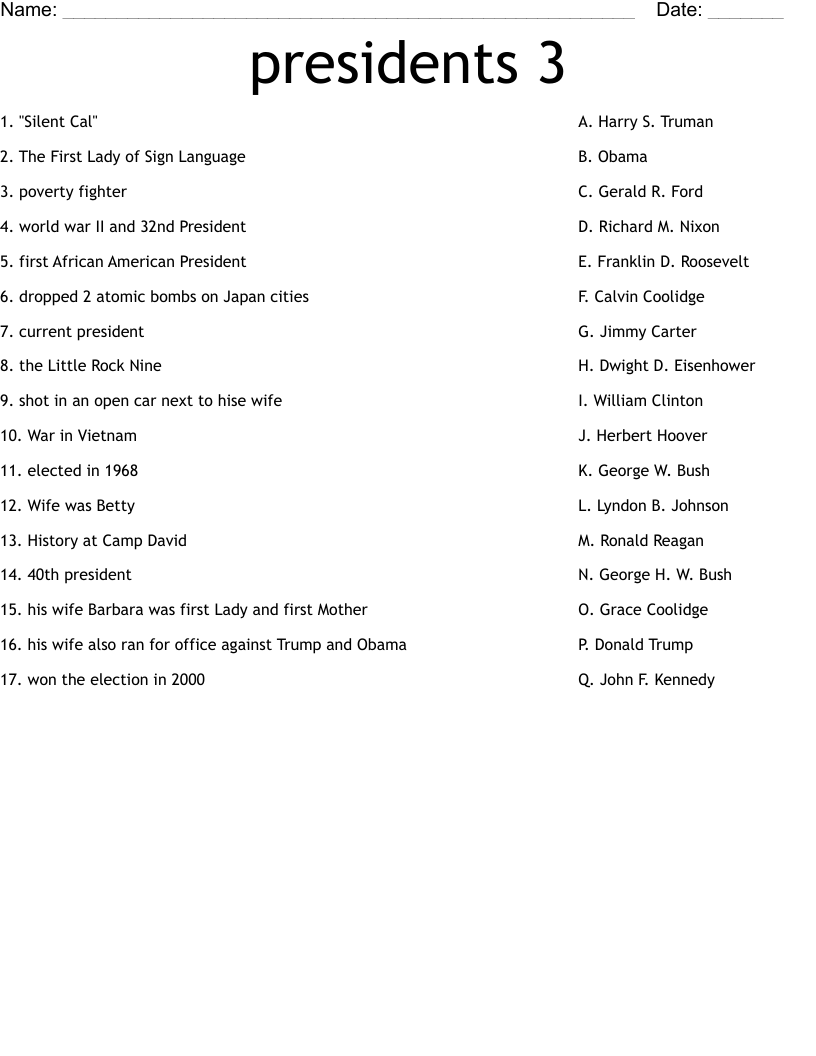 presidents 3 Worksheet