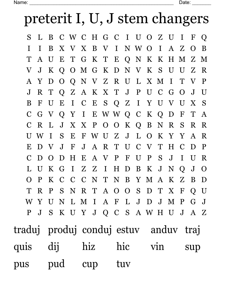 preterit I, U, J stem changers Word Search