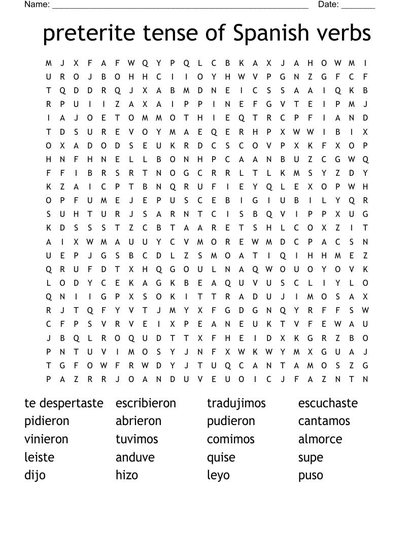 preterite tense of Spanish verbs Word Search