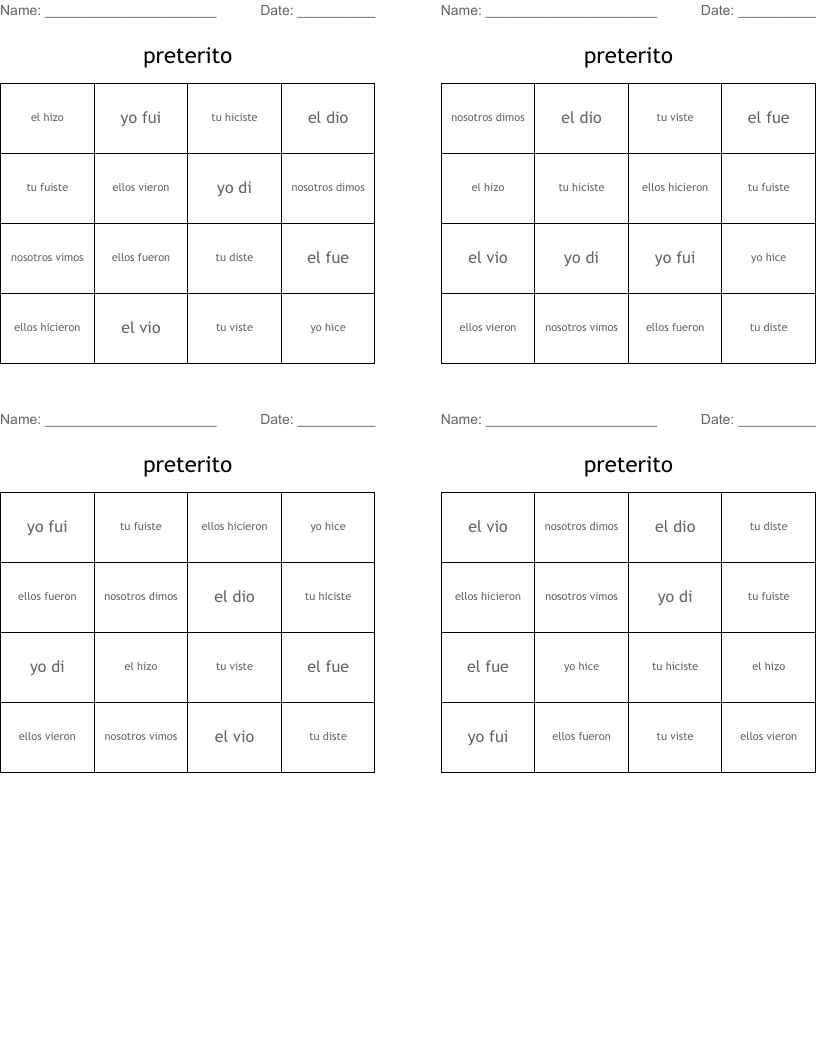 preterito Bingo Cards