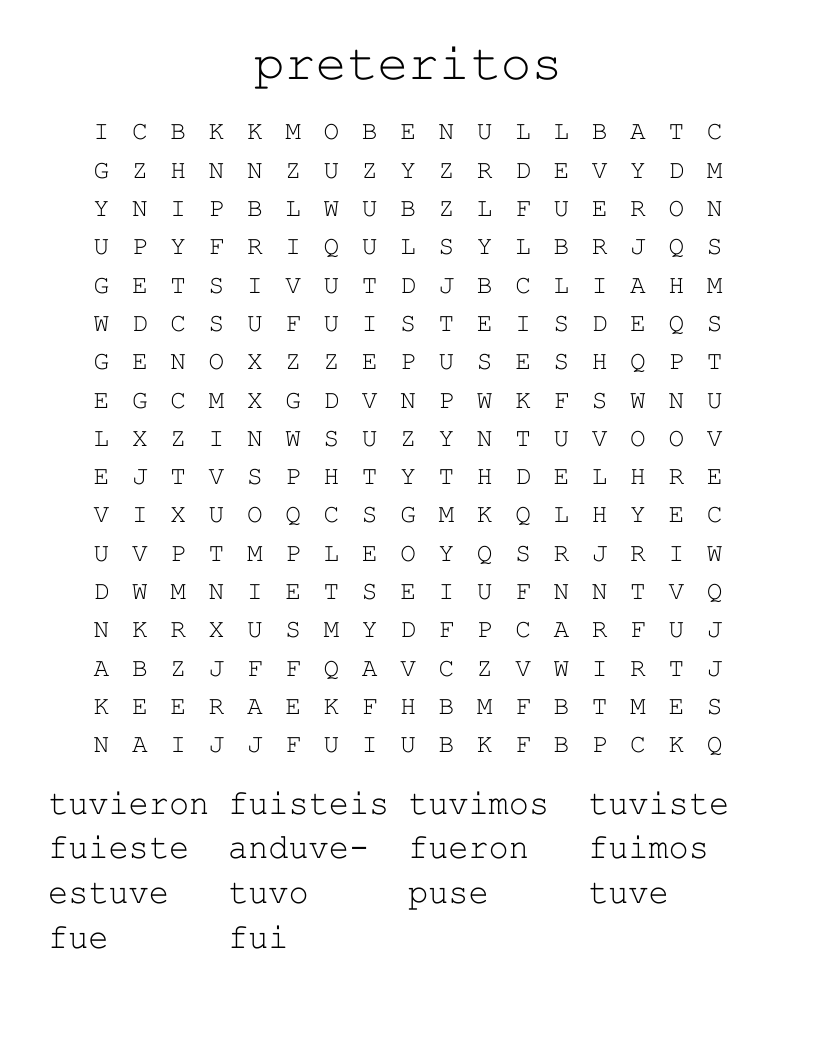 preteritos Word Search