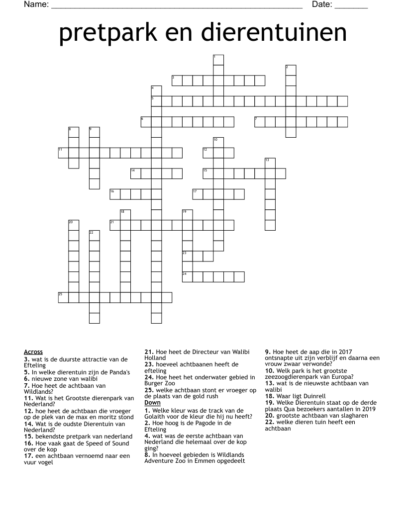 pretpark en dierentuinen  Crossword