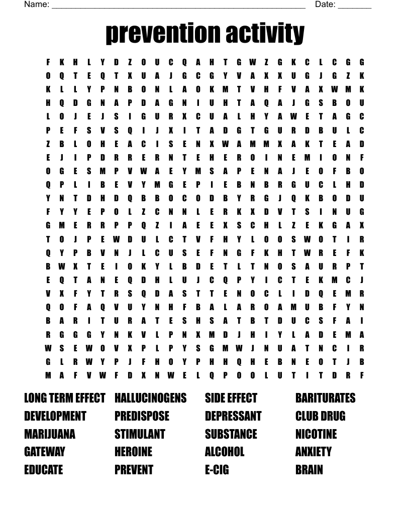 prevention activity  Word Search