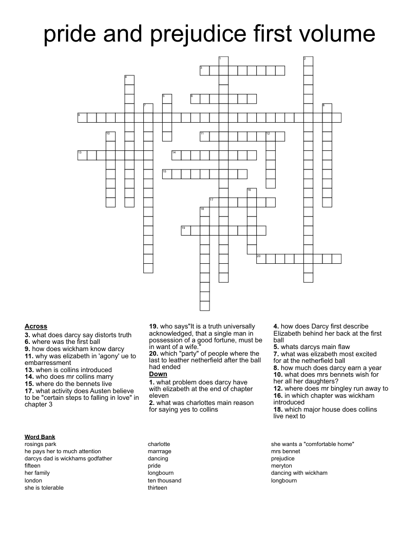 pride and prejudice first volume Crossword
