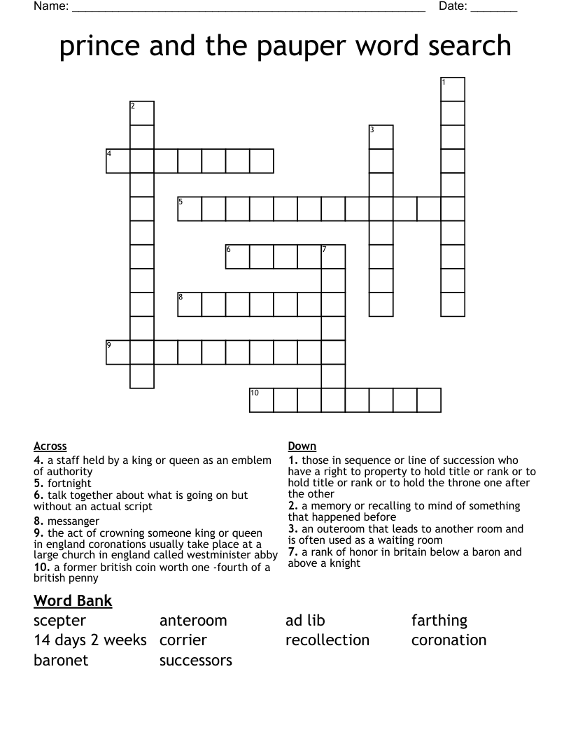 prince and the pauper word search Crossword
