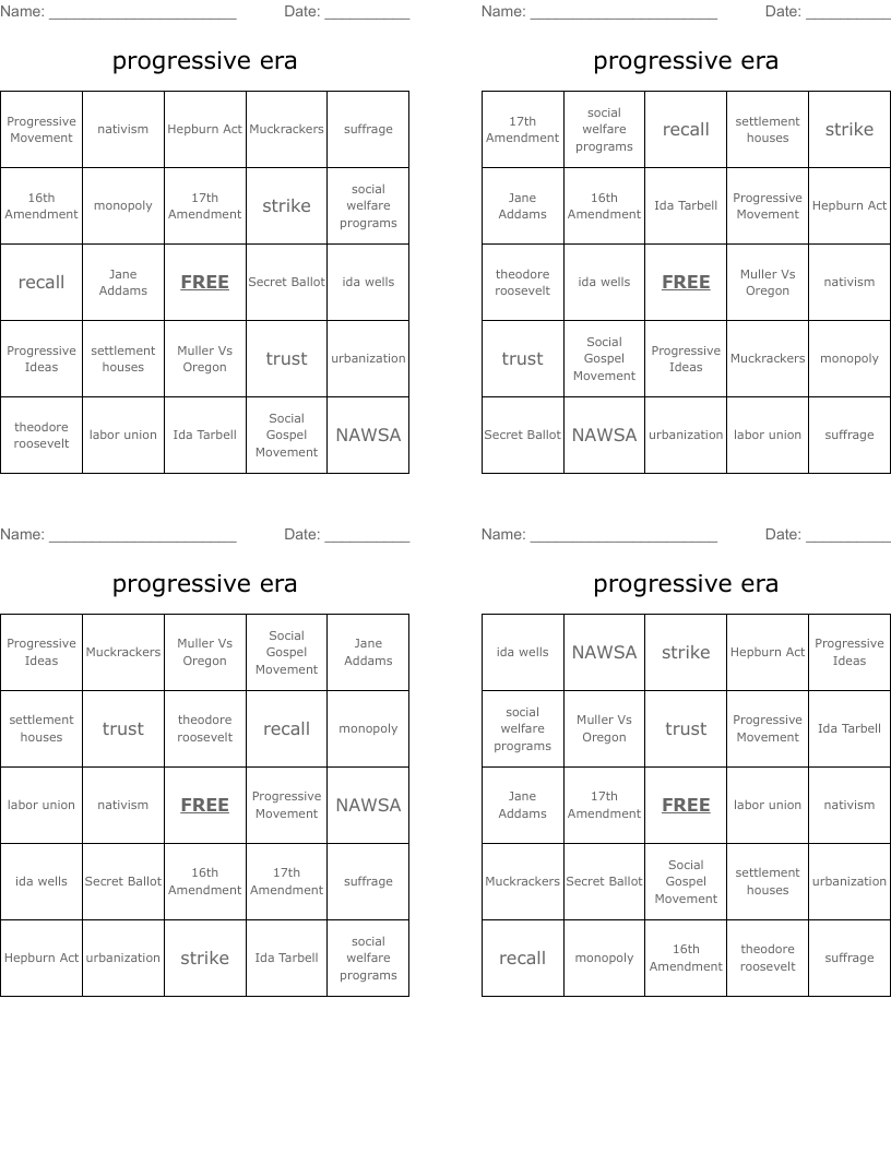 progressive era Bingo Cards