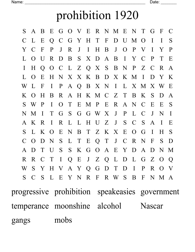 prohibition 1920 Word Search