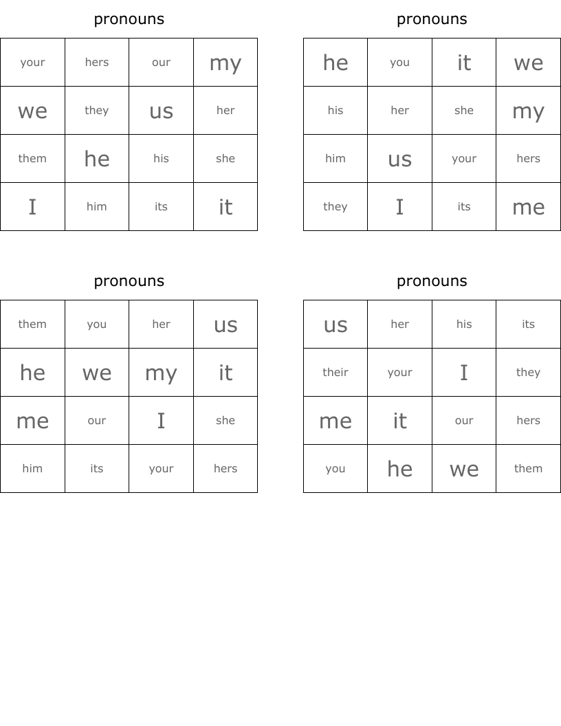 pronouns Bingo Cards
