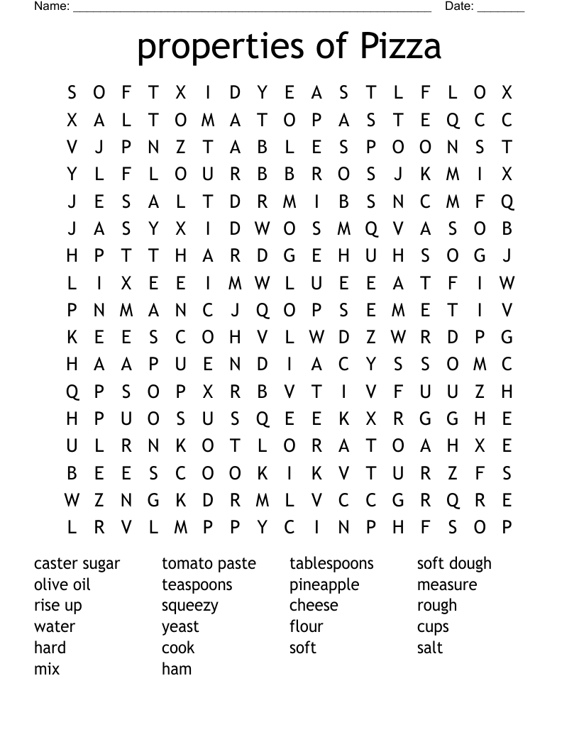 properties of Pizza Word Search