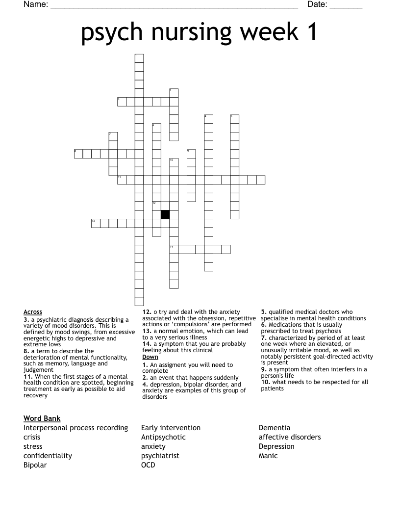 psych nursing week 1 Crossword