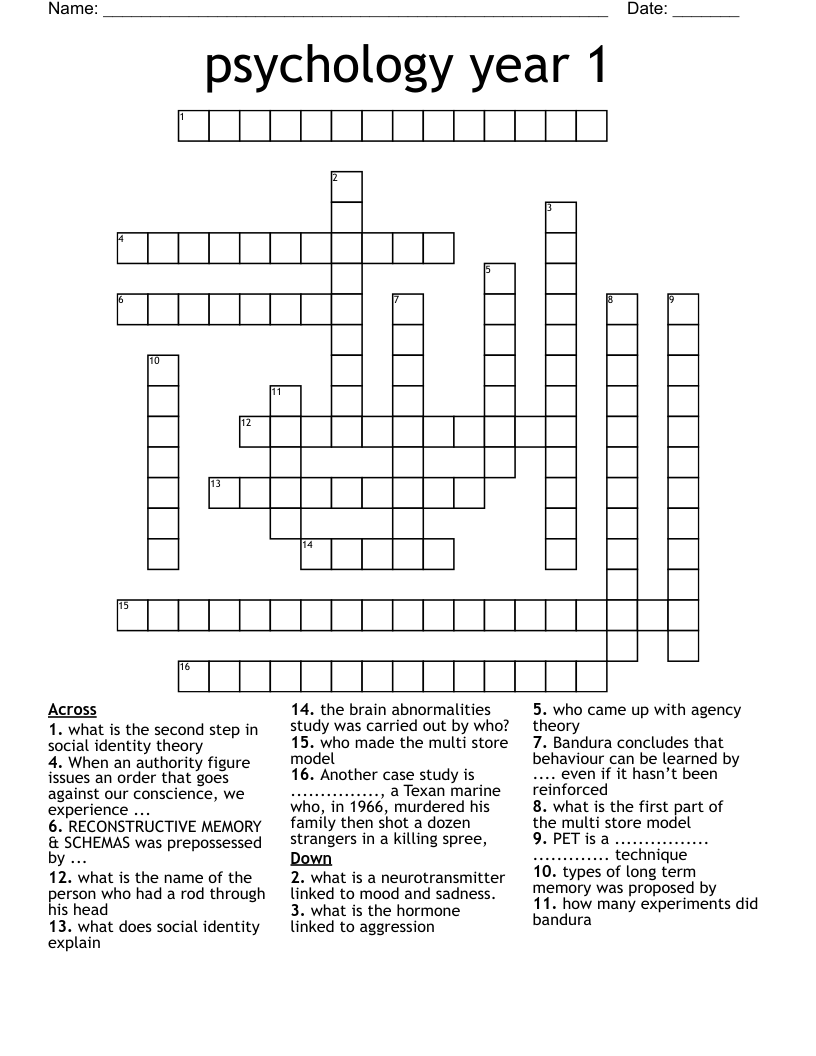 psychology year 1  Crossword