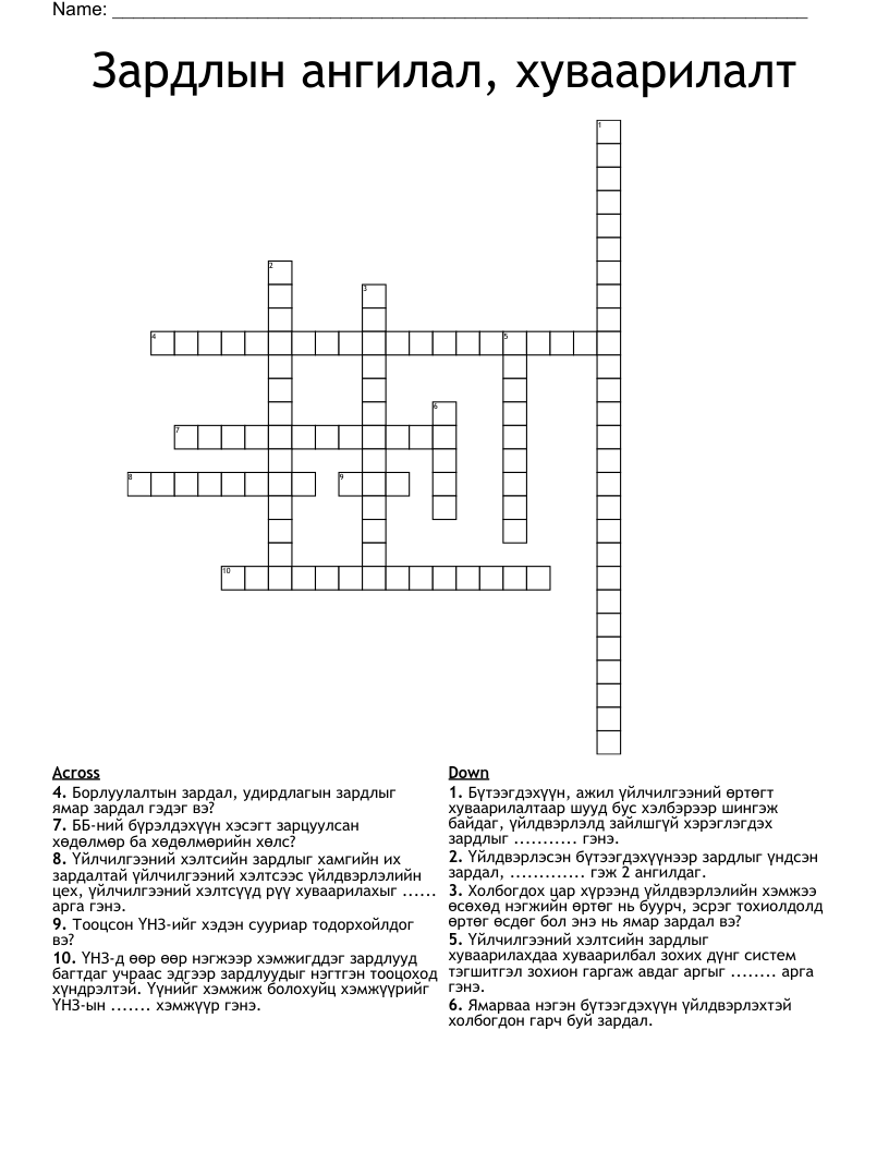 Зардлын ангилал, хуваарилалт Crossword
