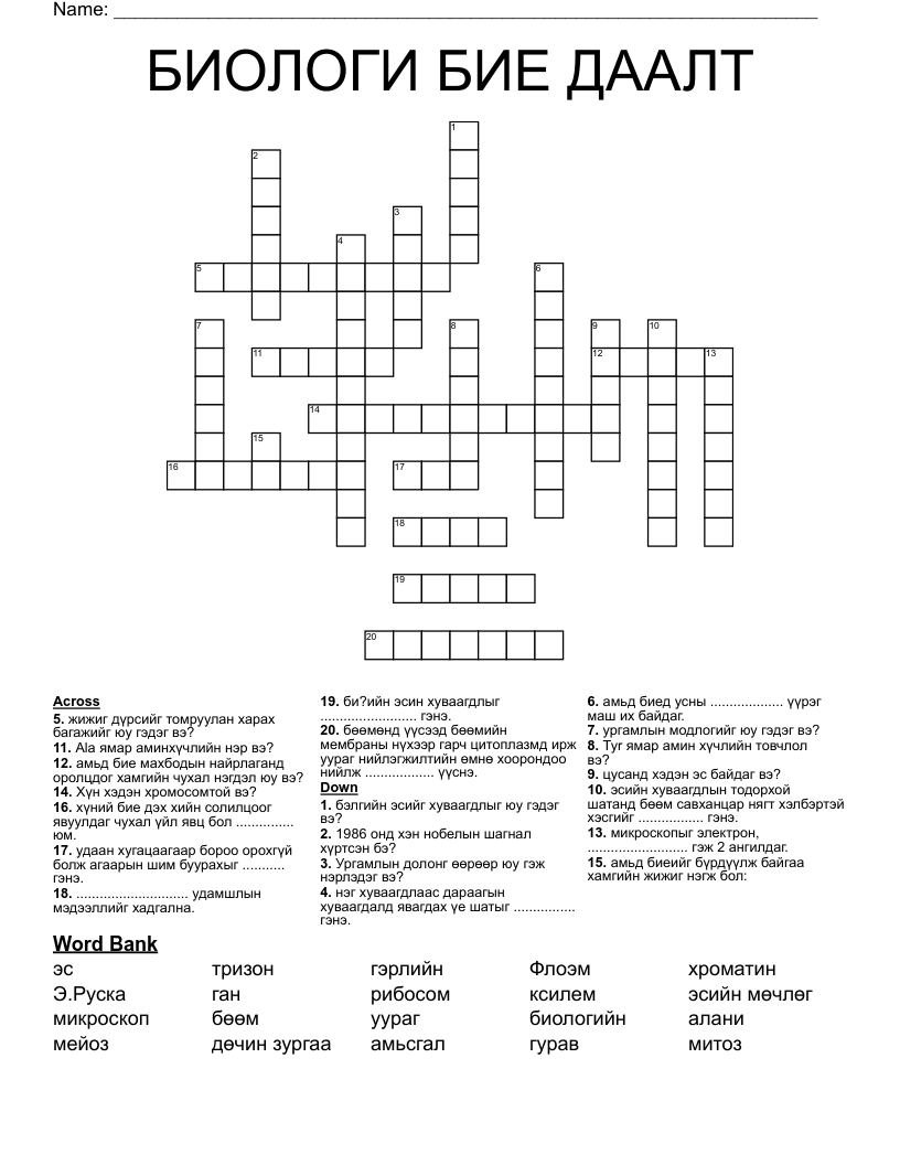 БИОЛОГИ БИЕ ДААЛТ Crossword