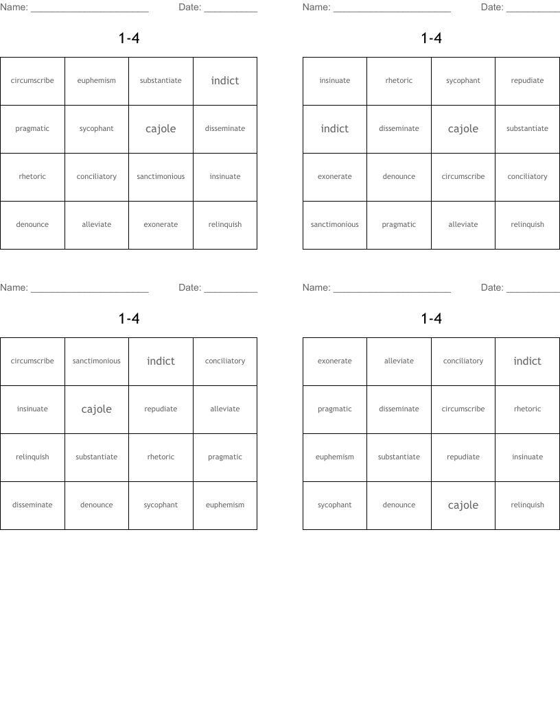 1-4 Bingo Cards