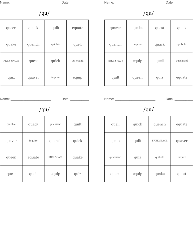 /qu/ Bingo Cards