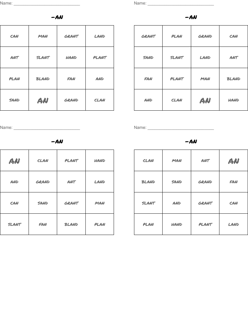 -an Bingo Cards