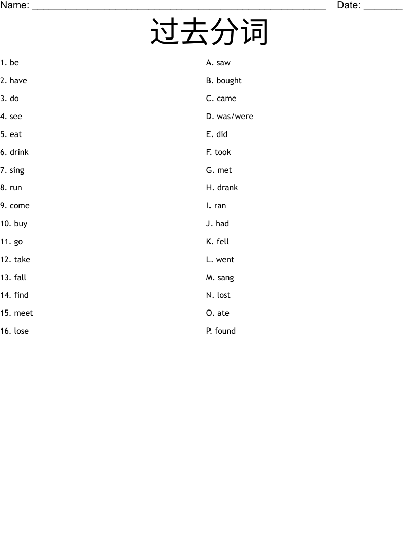 过去分词 Worksheet