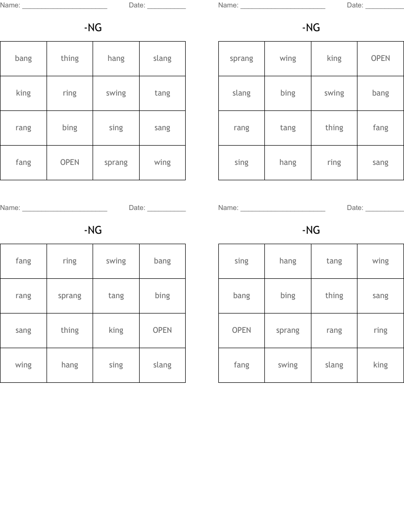 -NG Bingo Cards
