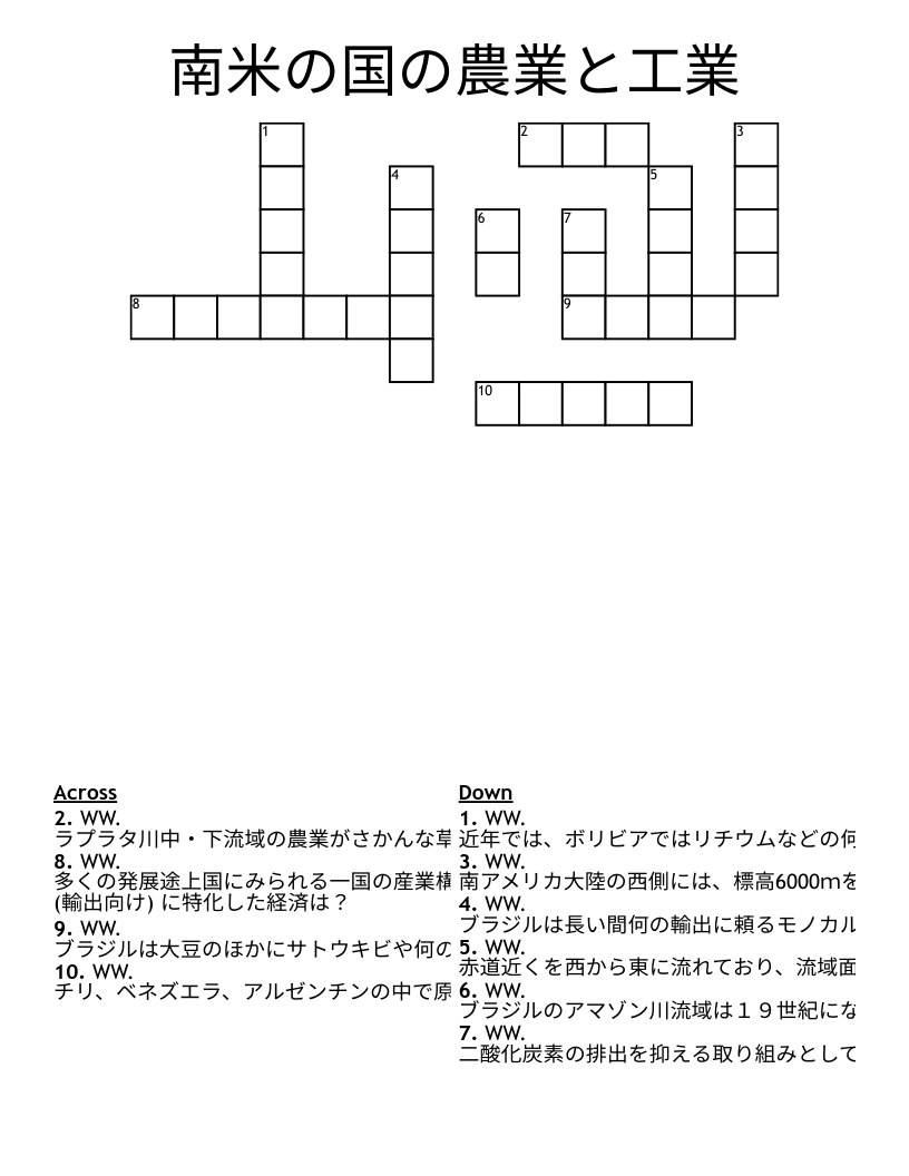 南米の国の農業と工業 Crossword